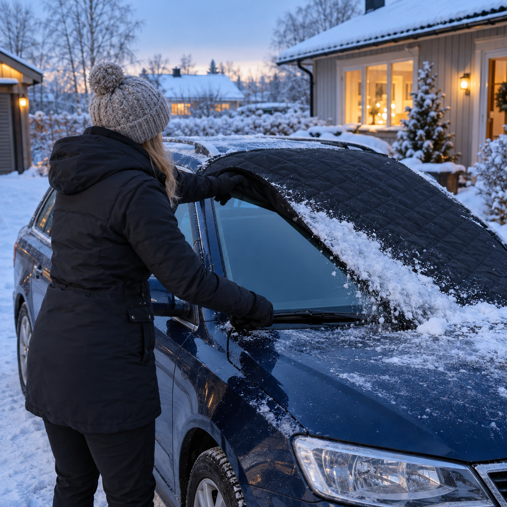 Dra av skyddet – snön följer med och rutan är klar