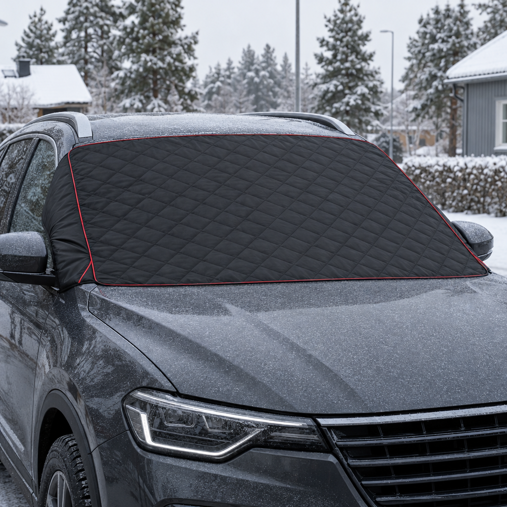 FrostVital magnetiskt frostskydd på vindrutan en vintermorgon